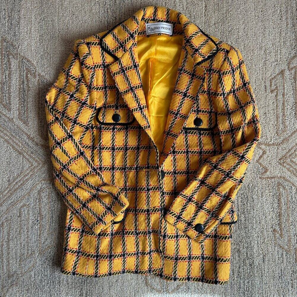 Vintage Evan-Picone ILGWU Yellow Plaid Tweed Jacket 90s Preppy Clueless Style S